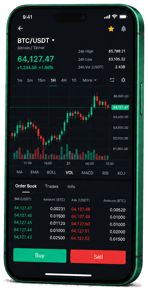 Monteva IA plataforma de negociação móvel — gráfico BTC/USDT ao vivo, carteira de pedidos e interface de compra/venda